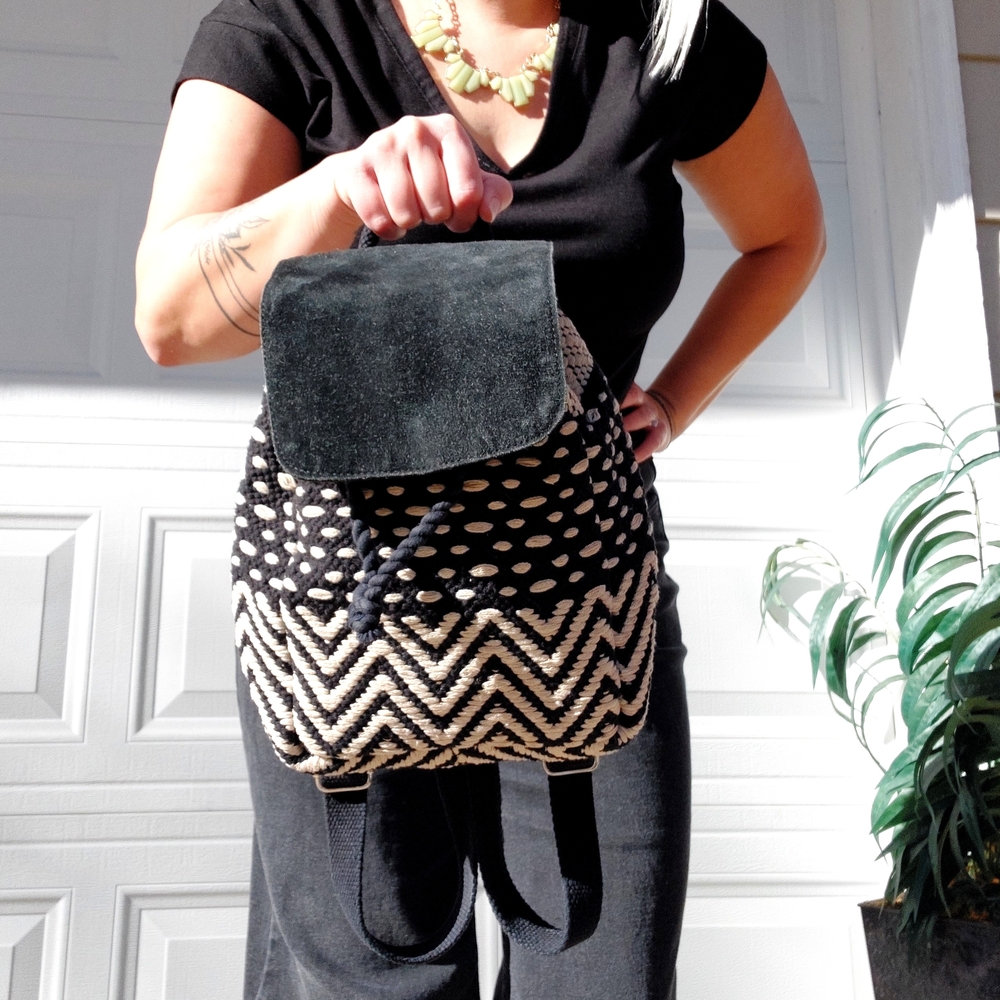 World Market Black and Cream Tribal Patterned Backpack
